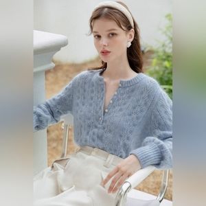 NWT Petite Studio Paisley Mohair Sweater - Dusty Blue